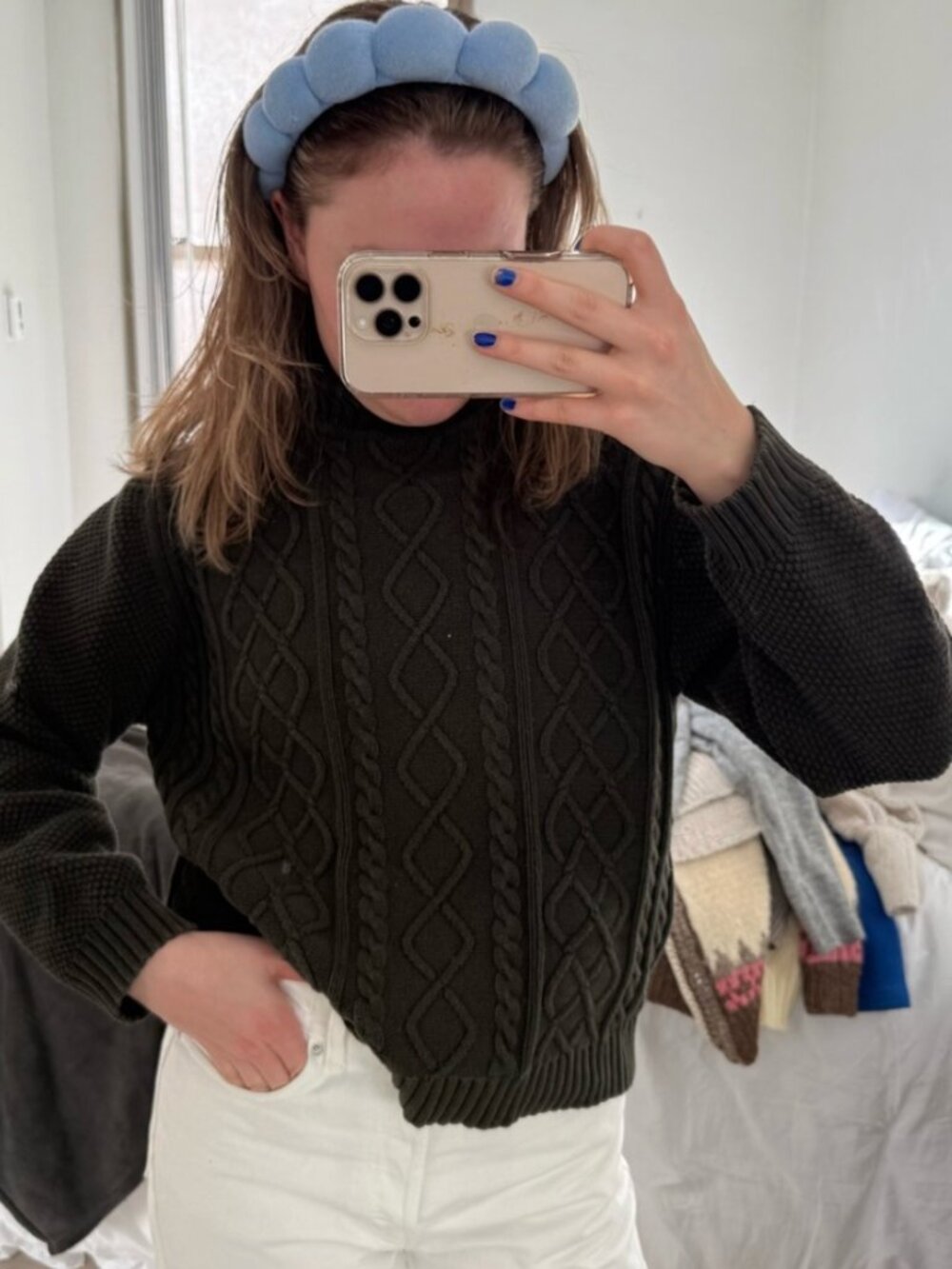 Vintage Dark Green Cable Knit High Neck Sweater